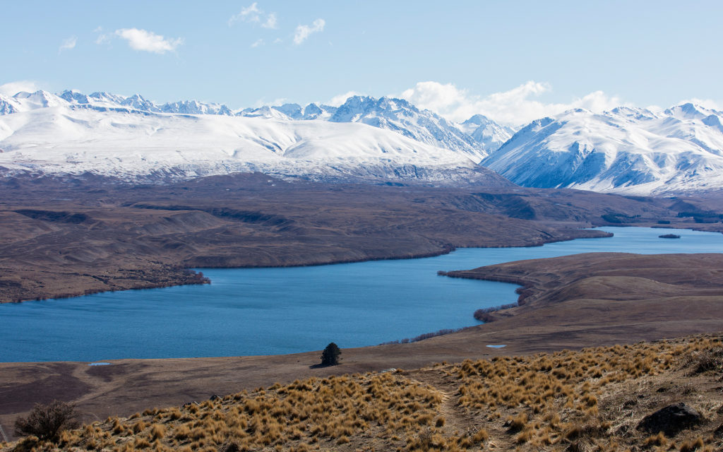 Lake Alexandrina with snowcapped mountains in background