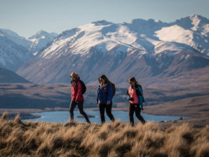 Three hikers on the Richmond Trail Tekapo with lake and snowy mountains in background